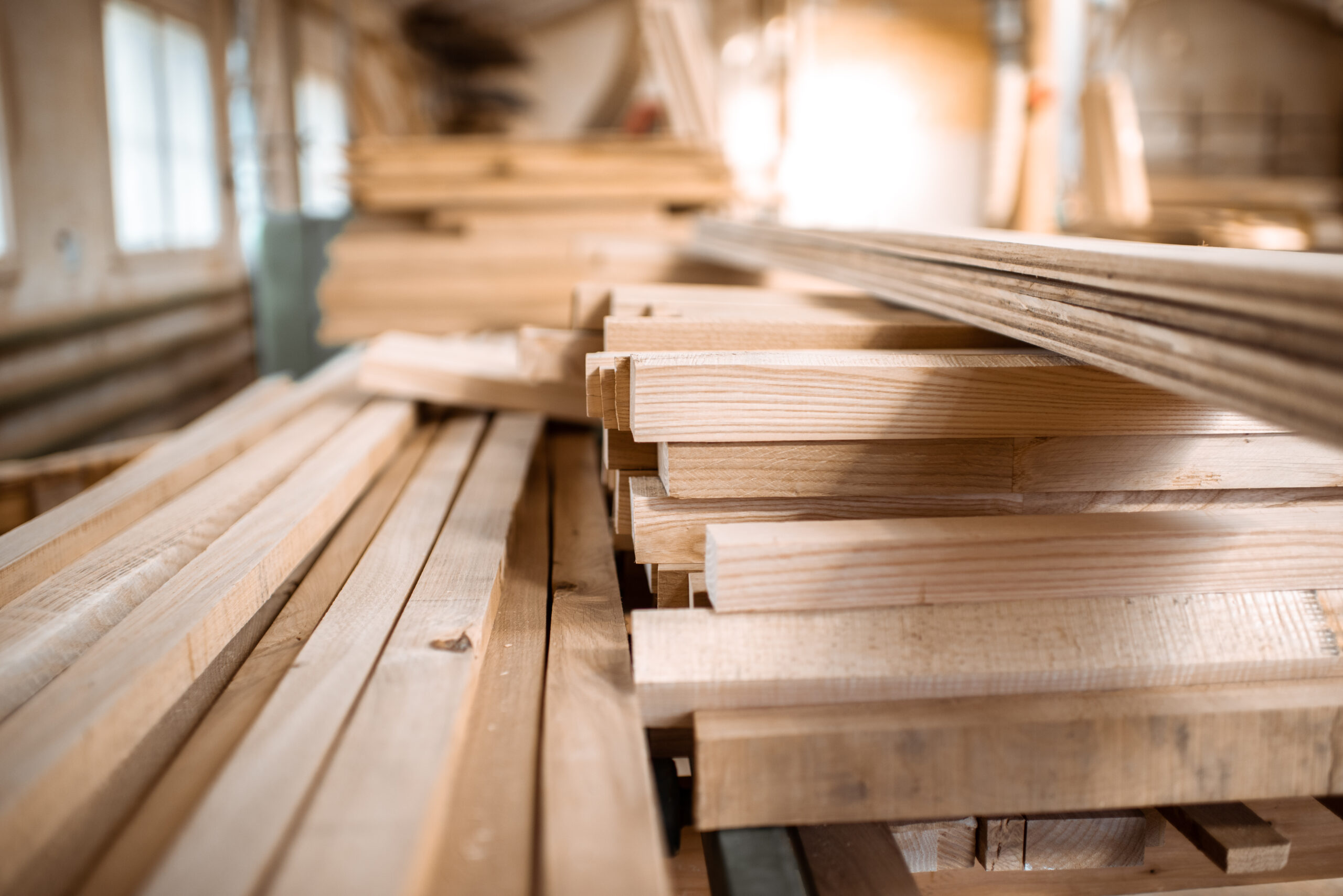 Nordic pine planks in a timber warehouse