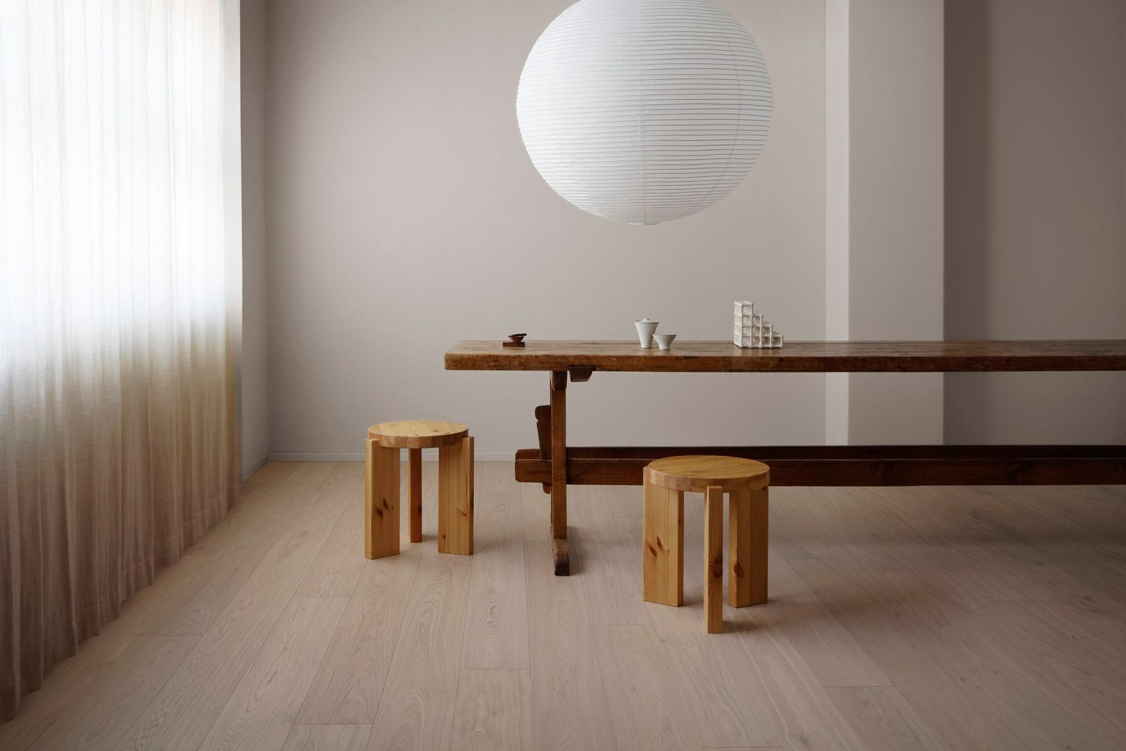 Timberwise oak parquet floor with white oil finish in a calm Nordic dining interior